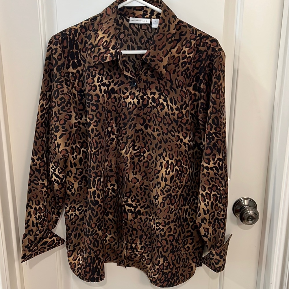 Designer, Susan graver animal, print blouse.